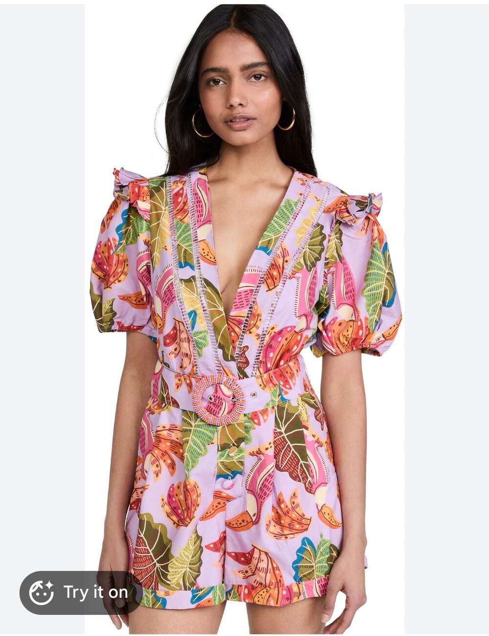 FARM Rio Lilac Beaks & Bananas Belted Romper Size XL